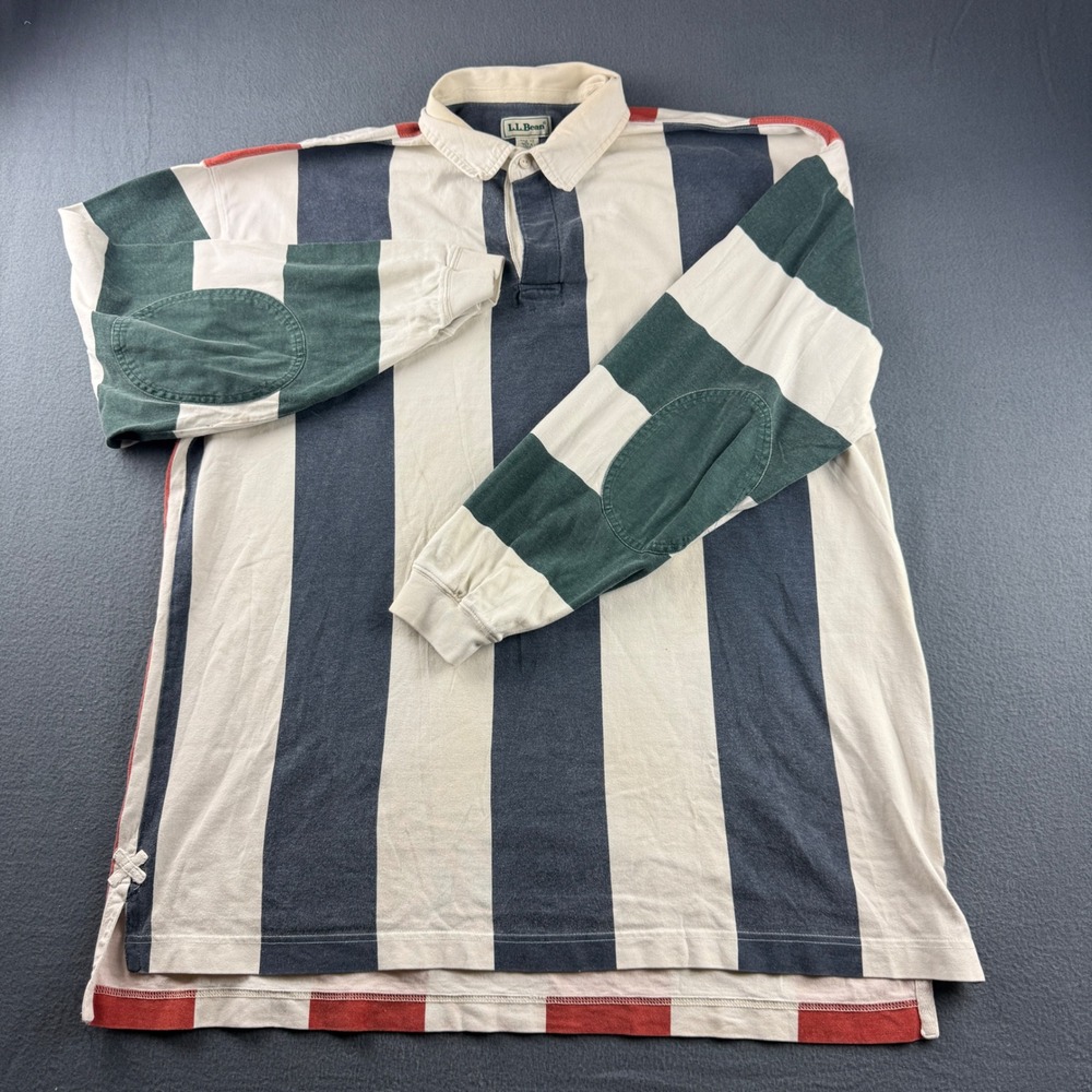Vintage LL Bean Rugby Shirt Men's XLT Green Red Blue Striped Heavy Cotton Tall